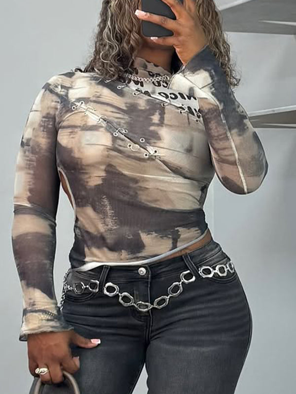 Printed Cutout Sheer Top