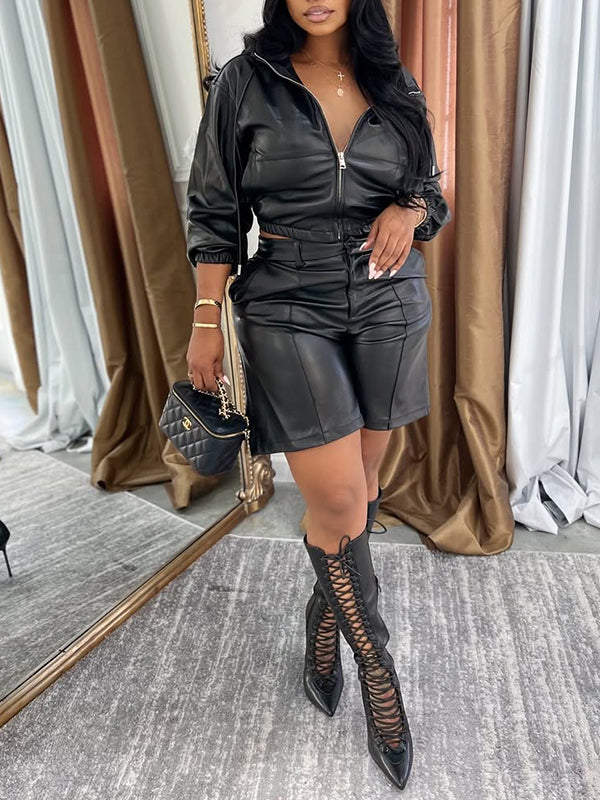Faux-Leather Hoodie & Shorts Set