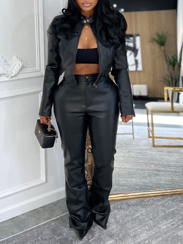 Faux-Leather Jacket & Pants Set