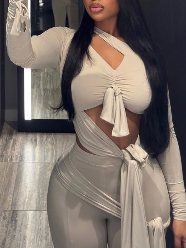 Solid Tied Cutout Top & Pants Set