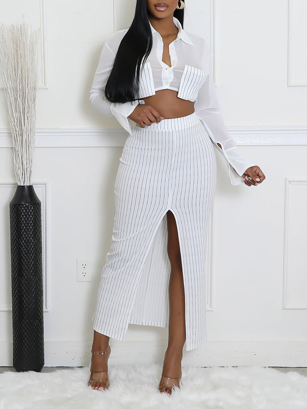 Stripe Combo Shirt & Slit Skirt Set