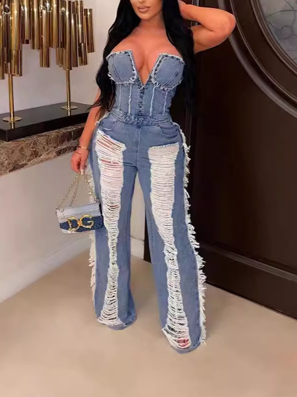 Ripped Strapless Denim Jumpsuit