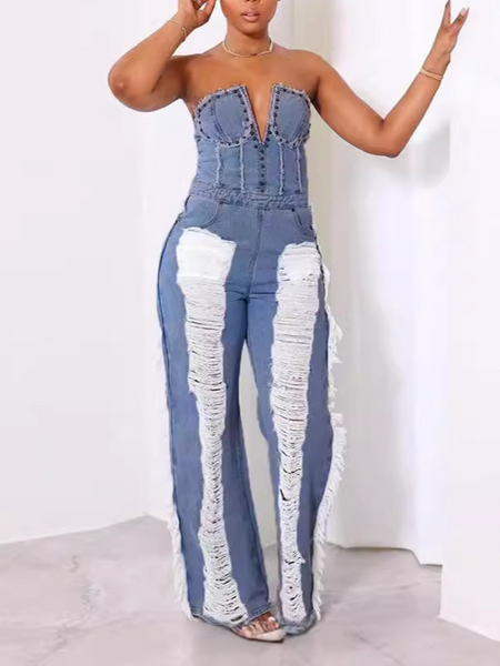 Ripped Strapless Denim Jumpsuit