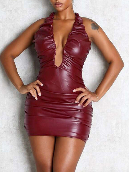 Faux-Leather Halter Dress