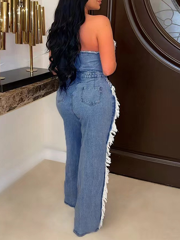 Ripped Strapless Denim Jumpsuit