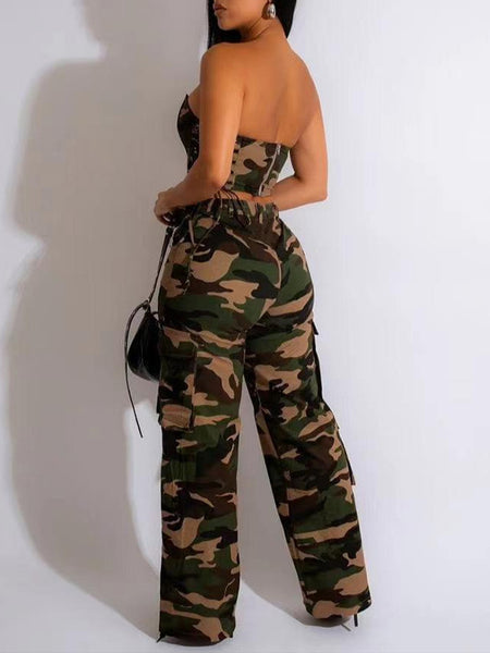 Morchique Camo Lace-Up Tube Top & Cargo Pants Set