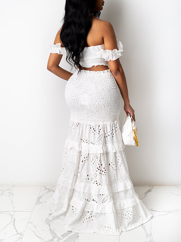 Smocked Crop Top & Lace Combo Skirt Set