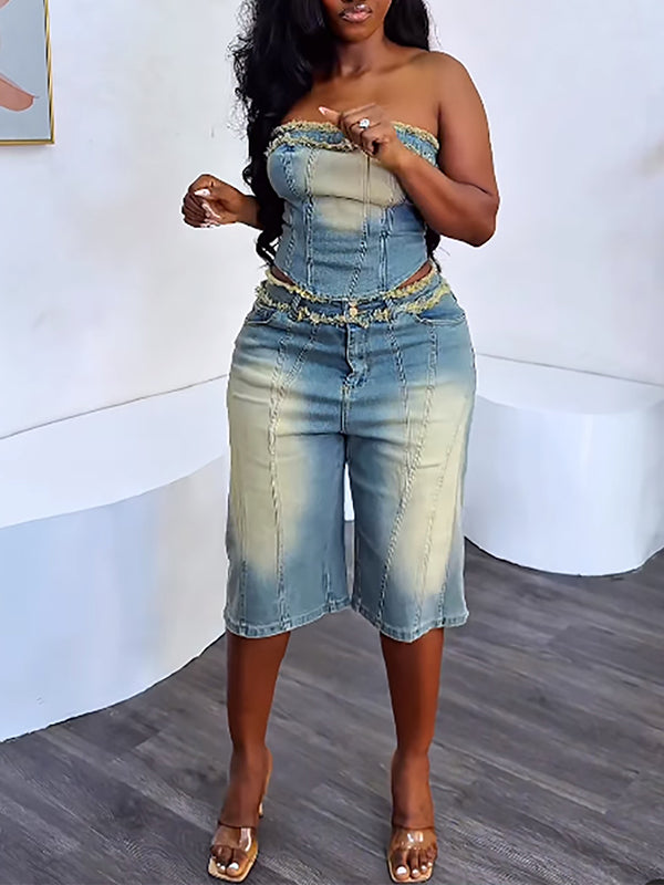 Denim Tube Top & Bermuda Shorts Set