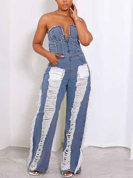 Ripped Strapless Denim Jumpsuit