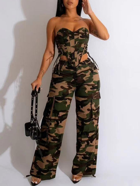 Morchique Camo Lace-Up Tube Top & Cargo Pants Set