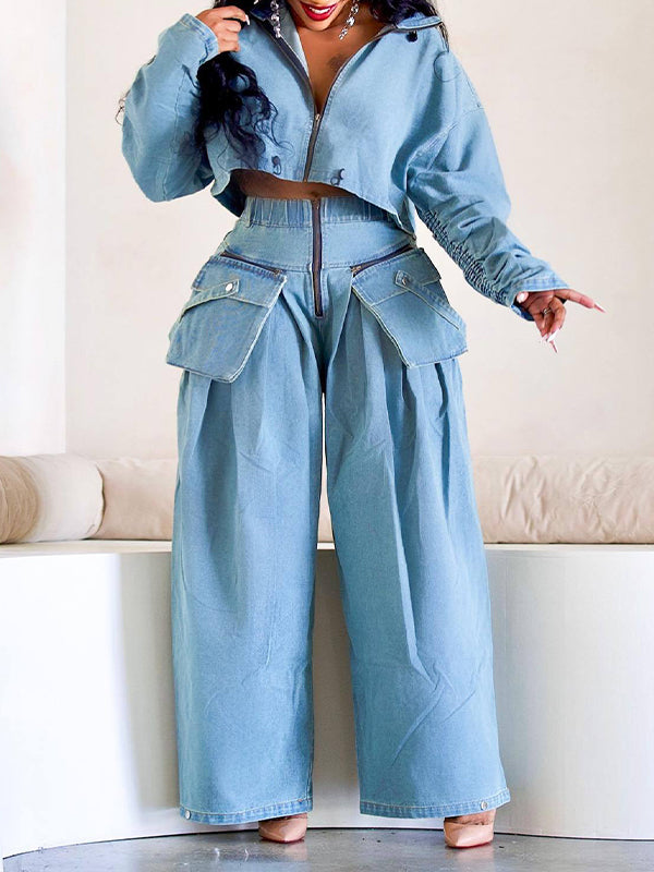 Denim Jacket & Wide-Leg Pants Set