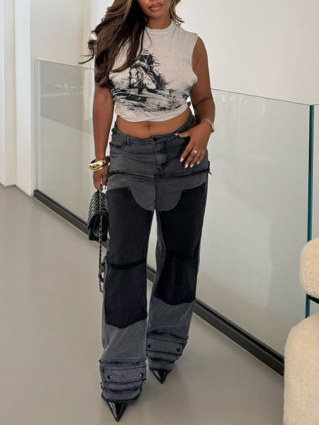 Two-Tone Straight Jeans