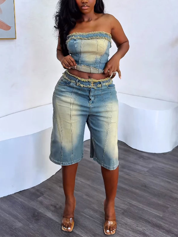 Denim Tube Top & Bermuda Shorts Set