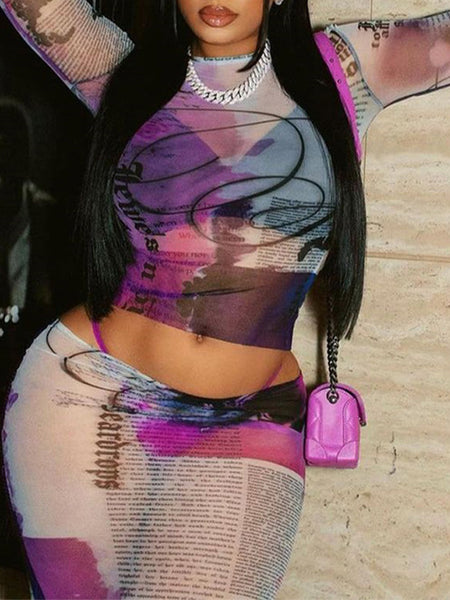 Printed Sheer Top & Skirt Set