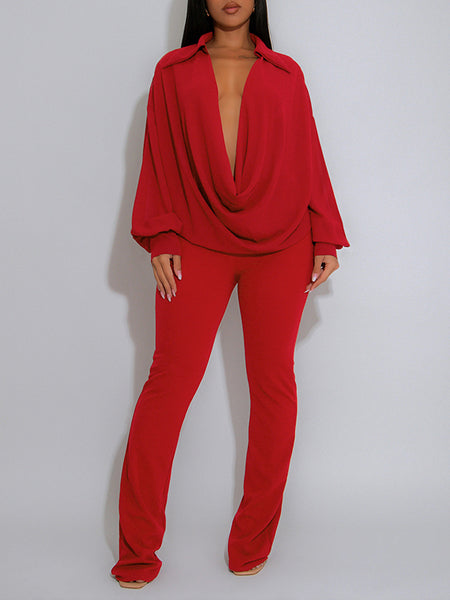Solid Cowl-Neck Shirt & Pants Set