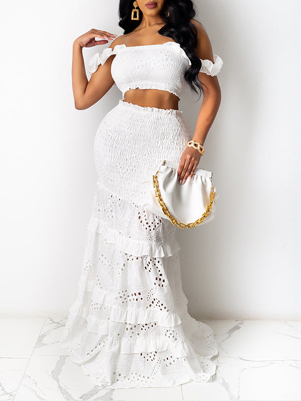 Smocked Crop Top & Lace Combo Skirt Set