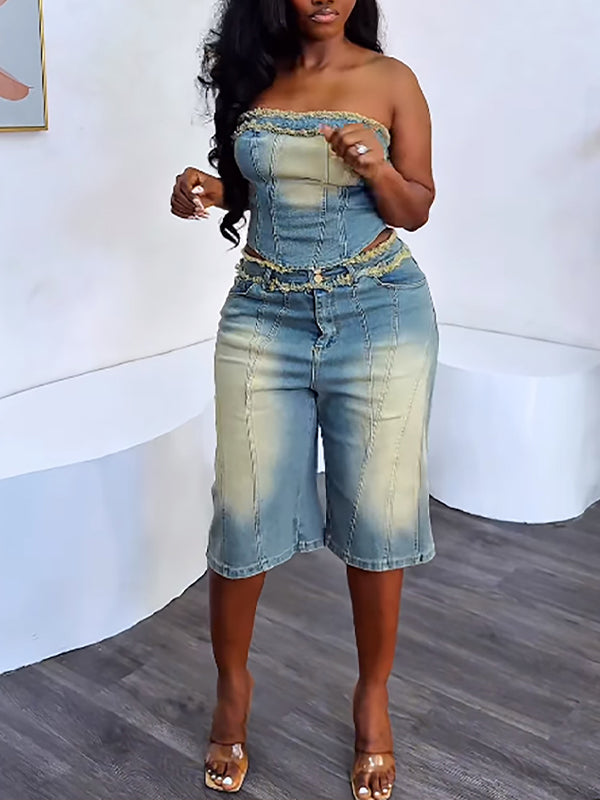 Denim Tube Top & Bermuda Shorts Set