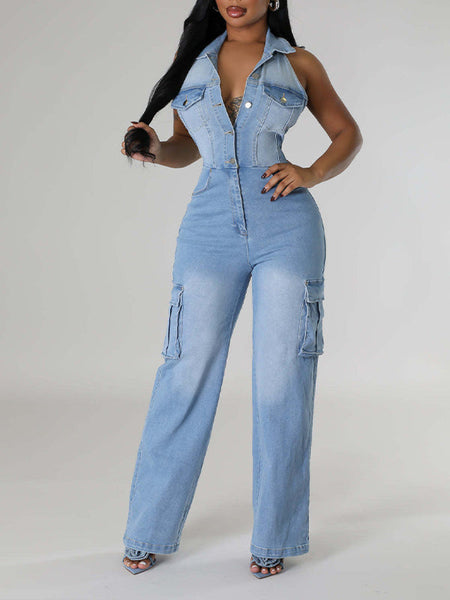 Morchique Halter Button-Front Denim Jumpsuit