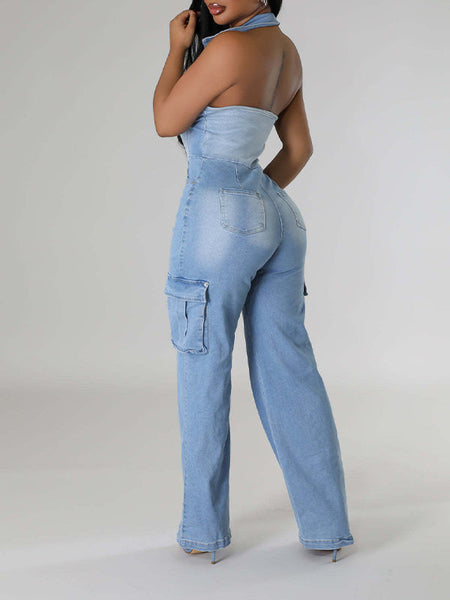 Morchique Halter Button-Front Denim Jumpsuit