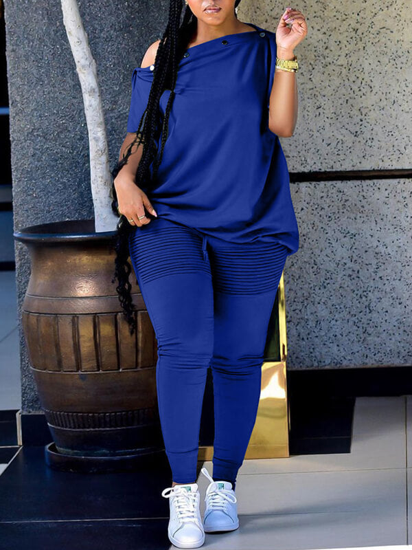 Morchique Button Boat-Neck Tee & Ruched Pants Set