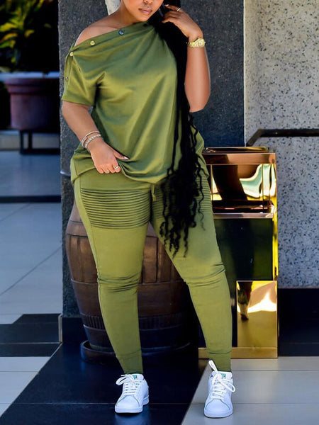 Morchique Button Boat-Neck Tee & Ruched Pants Set