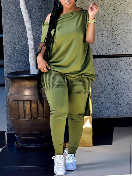 Morchique Button Boat-Neck Tee & Ruched Pants Set