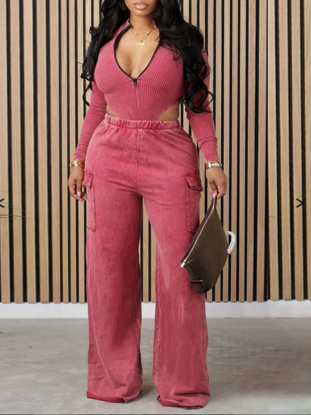 Morchique Zip-Front Top & Cargo Pants Set
