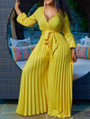 V-Neck Tied Pleated Wide-Leg Jumpsuit