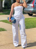 Solid Strapless Cargo Jumpsuit