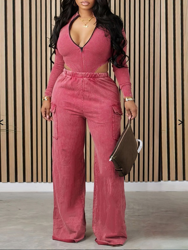 Morchique Zip-Front Top & Cargo Pants Set