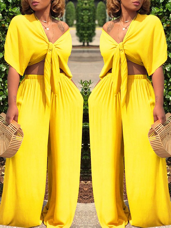 Morchique Knot Front Crop Top & Wide Leg Pants Sets