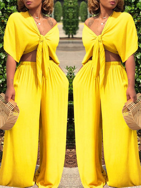 Morchique Knot Front Crop Top & Wide Leg Pants Sets