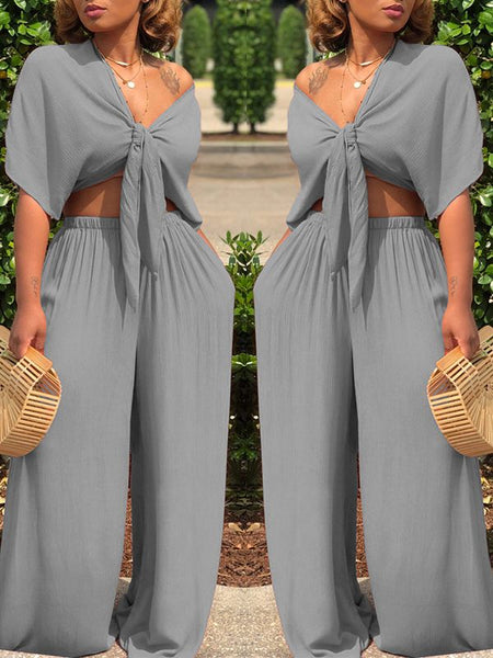 Morchique Knot Front Crop Top & Wide Leg Pants Sets