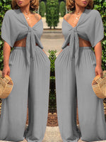 Morchique Knot Front Crop Top & Wide Leg Pants Sets