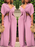 Morchique Knot Front Crop Top & Wide Leg Pants Sets