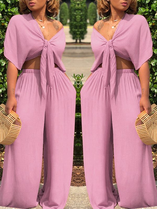 Morchique Knot Front Crop Top & Wide Leg Pants Sets