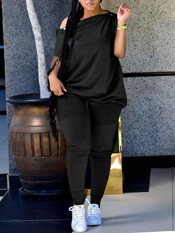 Morchique Button Boat-Neck Tee & Ruched Pants Set
