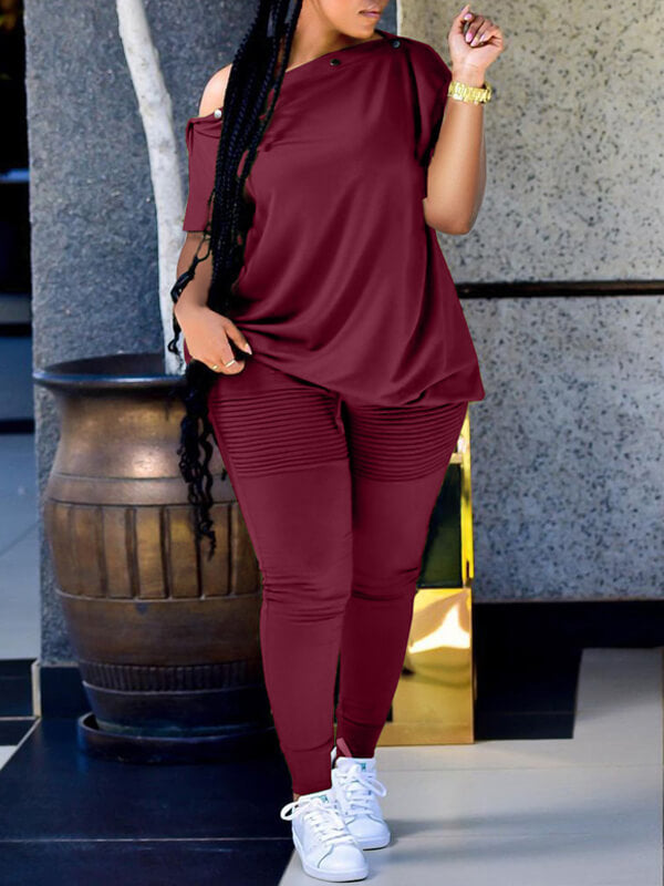 Morchique Button Boat-Neck Tee & Ruched Pants Set