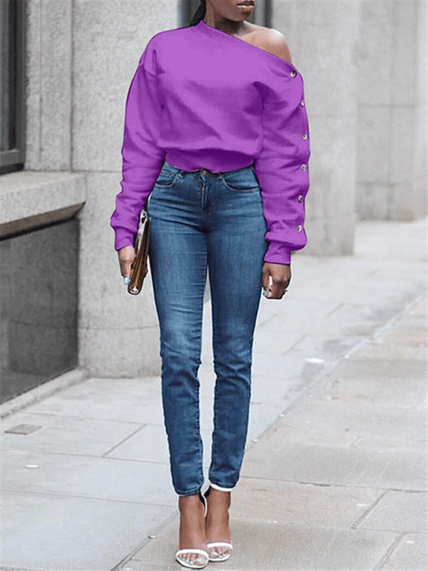 Morchique One Shoulder Button Sleeve Top