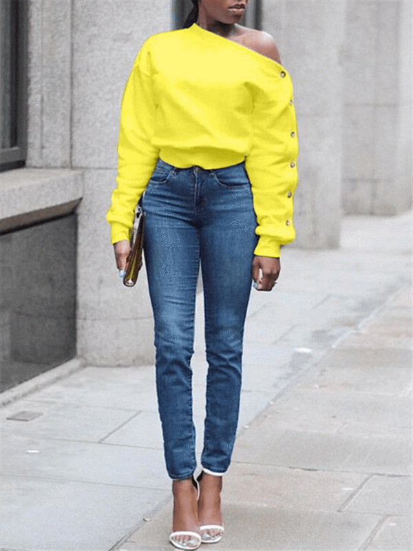 Morchique One Shoulder Button Sleeve Top