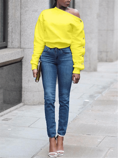 Morchique One Shoulder Button Sleeve Top