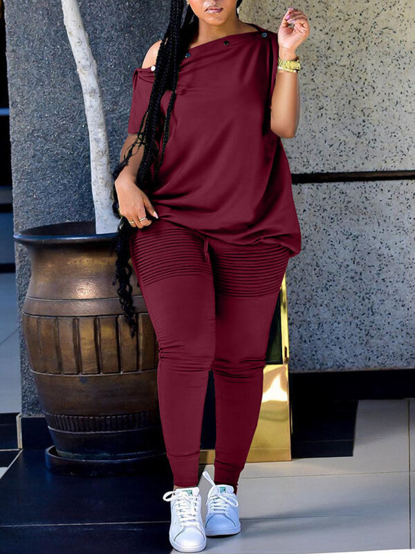 Morchique Button Boat-Neck Tee & Ruched Pants Set