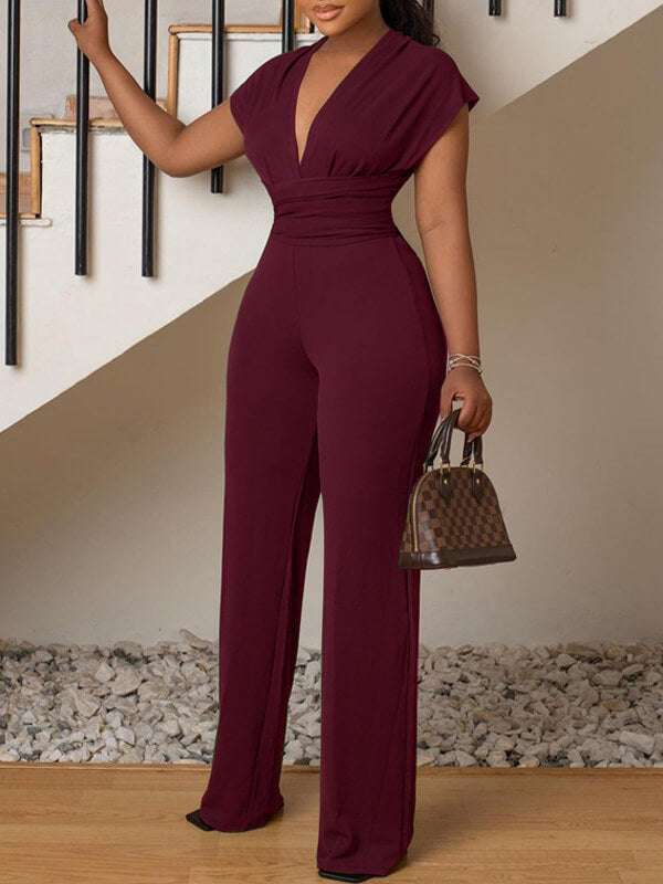 Solid Deep-V Tie Jumpsuit