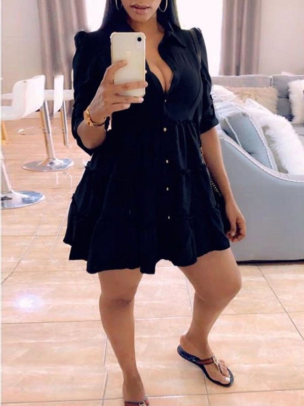Morchique Solid Button-Front Ruffle Dress