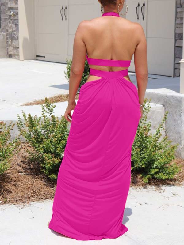 Morchique Solid Halter Slit Dress