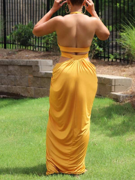 Morchique Solid Halter Slit Dress
