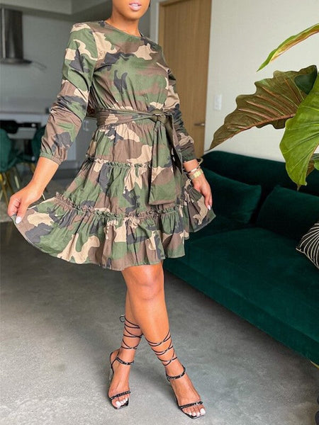 Morchique Camo Tied Ruffle Dress