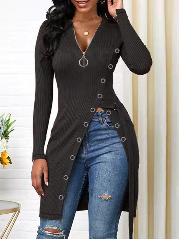 Zip-Front Slit Ribbed Tunic