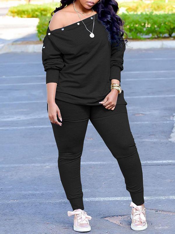 Button Boat-Neck Top & Pants Set