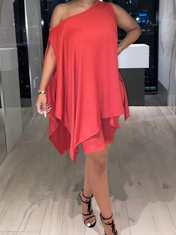 Morchique Solid Asymmetric Top & Biker Shorts Set